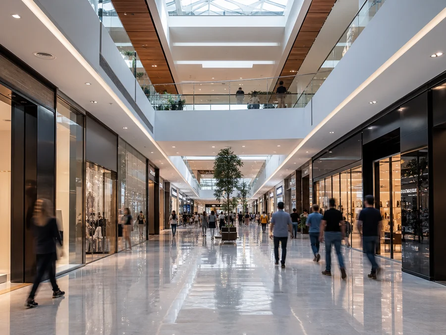 Corredor de shopping com lojas, imagem ilustrativa do tipo de ponto comercial que a Scheffel executa